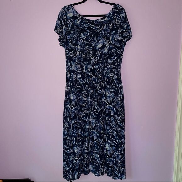 M&co Dress Size 16 Blue Tropical Floral Print Short Sleeve Casual - Picture 1 of 10